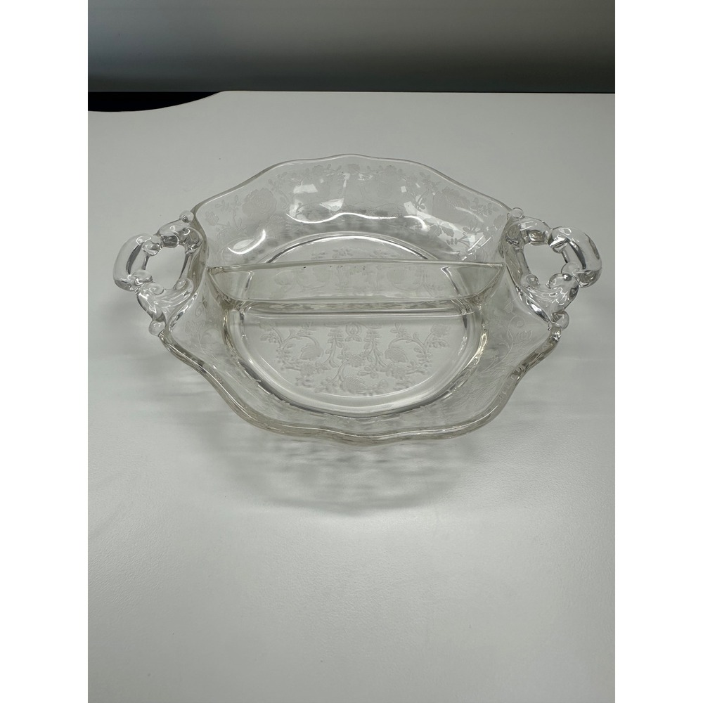 Vintage Fostoria Rosemary Clear Glass Divided Relish Dish with Handles 8.25in